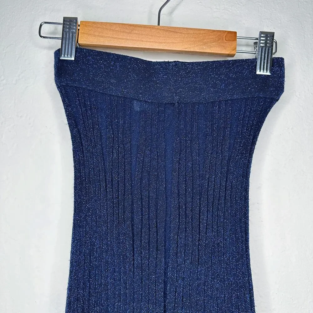 & Other Stories Glittery Pleated Rib Knit Midnight Navy Blue Sheer Midi Skirt XS